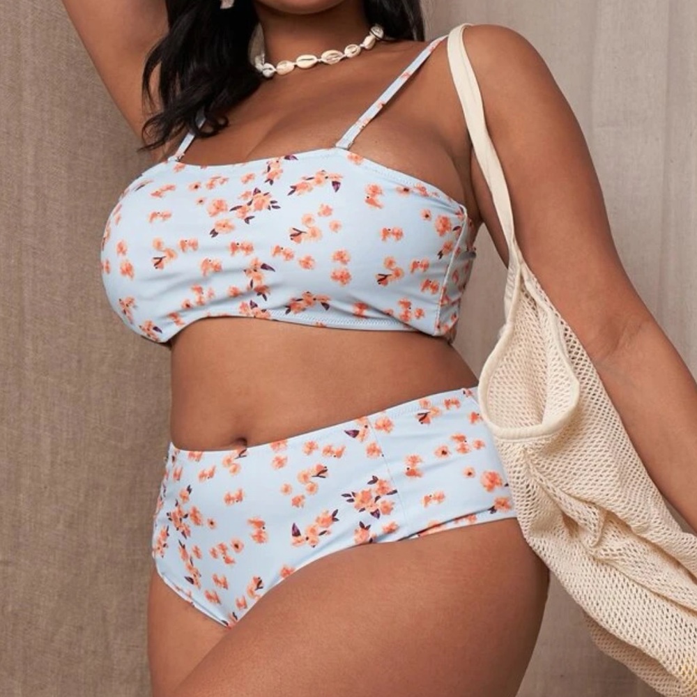 Light Blue and Floral Shein Strapless Bikini Set (1X)